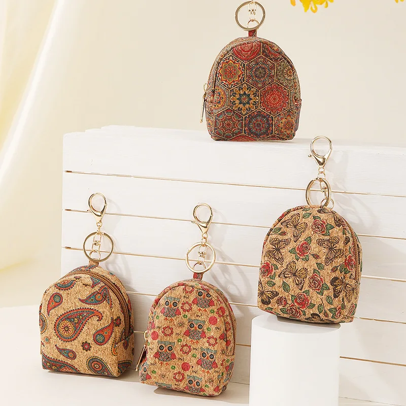 Retro Pattern Cork Cute Coin Purse with Keychain Bag Small Hanging Ornament Earphone Key Lipstick Storage Pouch Zipper Clutch