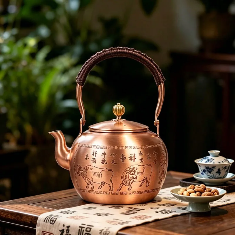 Embossed Pattern Pure Copper Teapot 1.5L With Wrapped Handle Stovetop Safe For Open Flame Electric Stove Home Chinese Tea Kettle