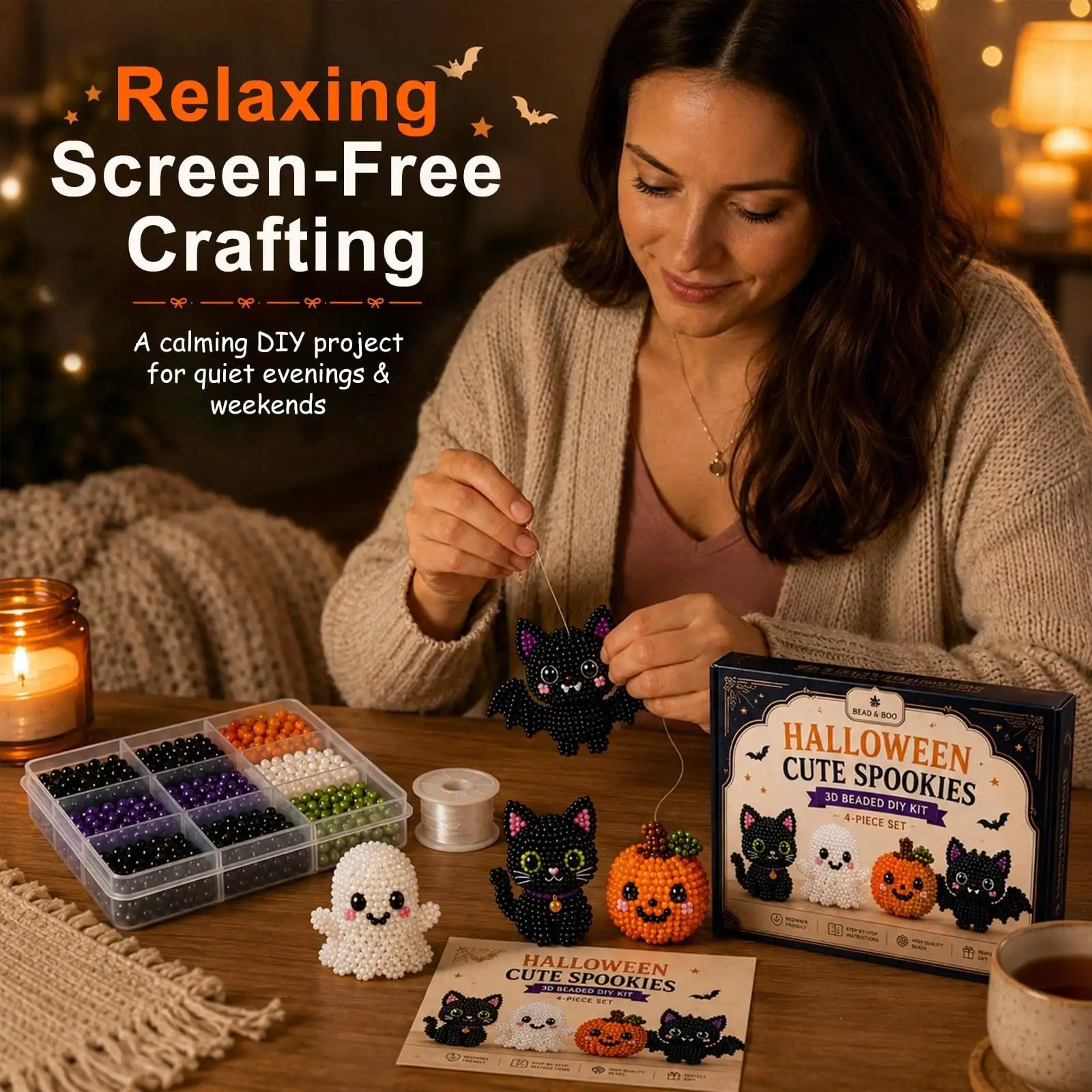 4Pcs Halloween DIY Tiny 3D Beaded Kit Animals DIY Kit Designs Beaded for Beginner Craft With Instructions Halloween Ghost Theme