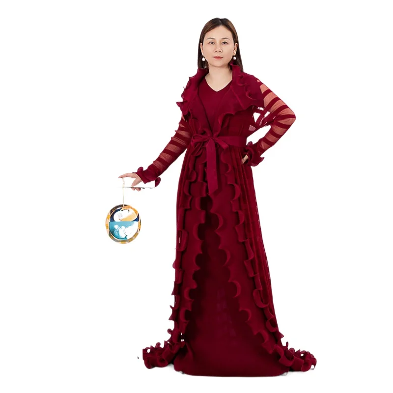 

Женский костюм Miyake: плиссированная безрукавка и юбка большого размера, однотонная, с кружевной отделкой по краю, новинка 2026 года