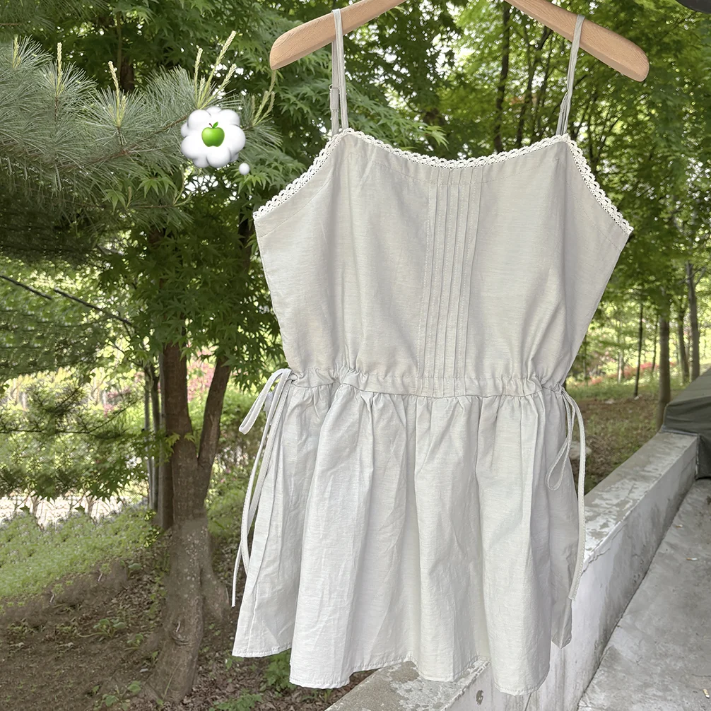 

Women's Summer Chic Fre Sweet Vaion Waist Cinched Rope Tied Lace Dr irt Strapl Loose Fit Regular Length Pure Color