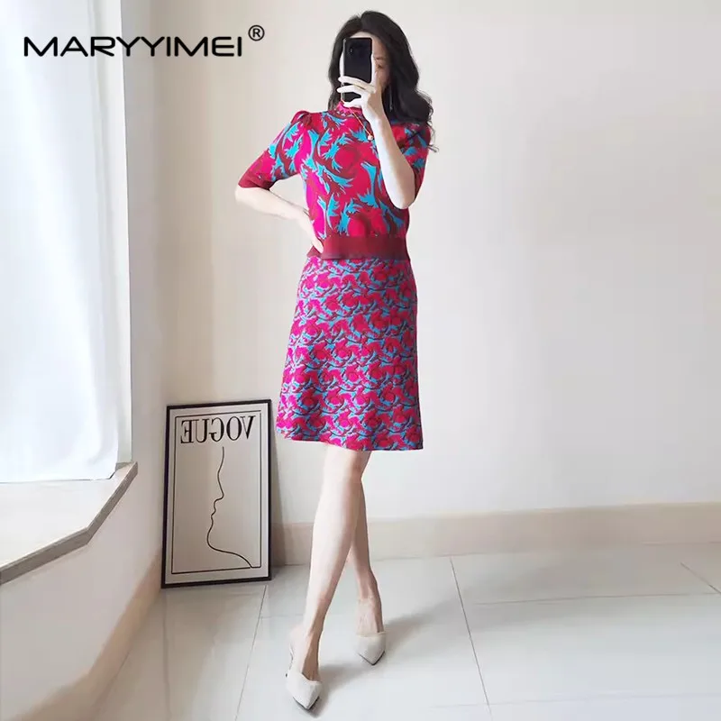 MARYYIMEI New Fashion Designer Women's 2024 Spring New Knitted Jacquard Short-Sleeved Short Top+A-Line Half Skirt 2-Piece Set