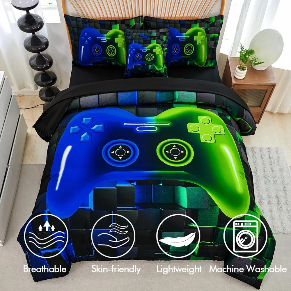 PERFEMET Jogo de 6 peças Cama de tamanho completo em uma bolsa para meninos Azul e Verde Conjunto de cama para videogame com lençóis macios e fofos impressos em 3D