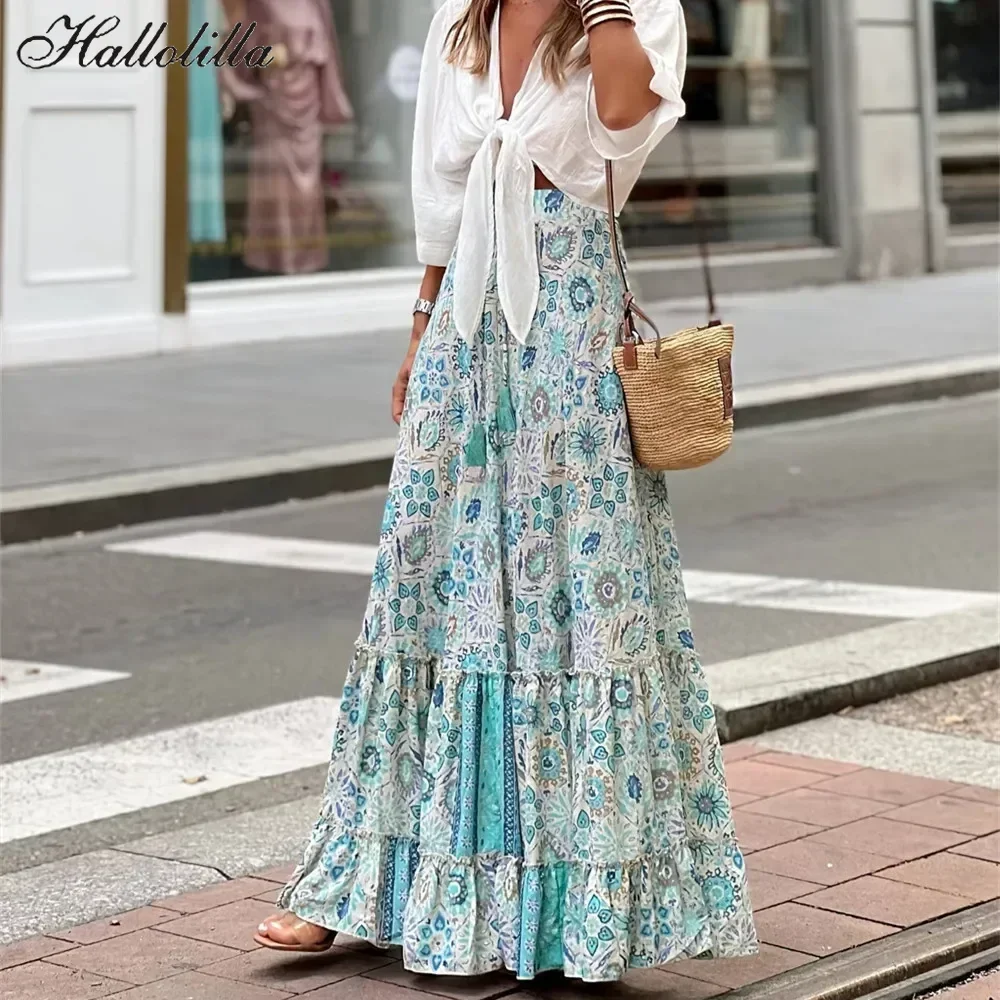 

Summer Boho Long Skirt Women y2k Print Loose Jupe Femme Bohemian Saia Casual Beach Vintage Maxi Skirts Woman Clothing Faldas