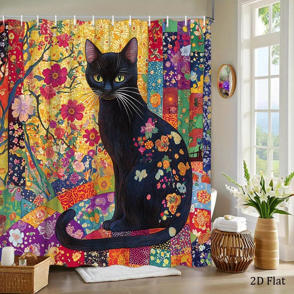 1pc Vibrant Black Cat Shower Curtain with Green Eyes – Whimsical Floral Patchwork Design, Polyester Fabric, Includes 12 Hooks, 7
