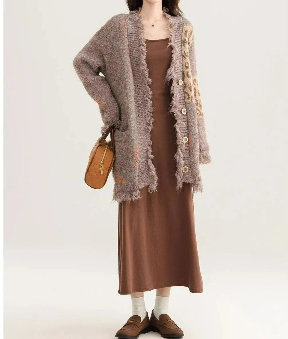 Cárdigan suelto de punto empalmado para mujer, suéter con diseño de leopardo grueso Vintage, abrigo para otoño e invierno
