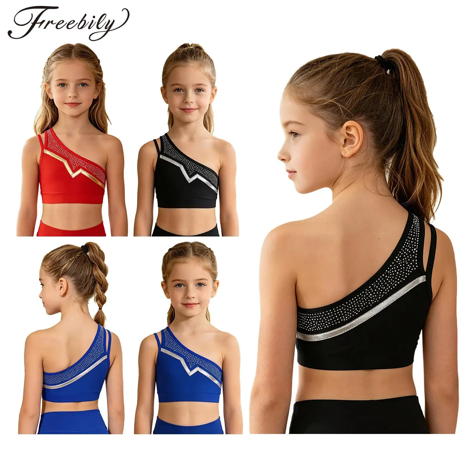 

Kids Girls One Shoulder Dance Tops Sleeveless Metallic Trim Shiny Rhinestones Gymnastics Crop Top Sports Vest
