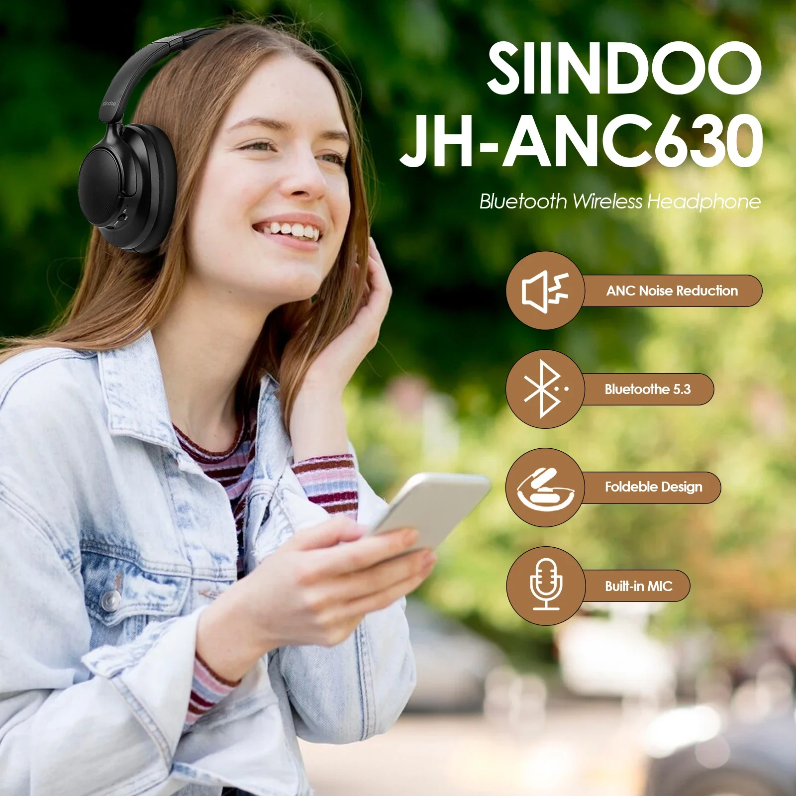Siindoo 최신 액티브 노이즈 캔슬링 JH-ANC630 무선 헤드폰, 오버 이어 블루투스 이어폰, 마이크 포함, 70H 재생 시간
