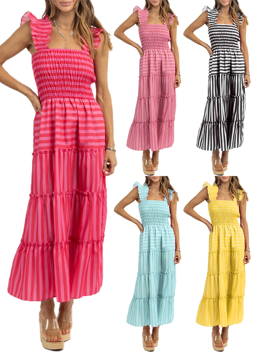 

Women Aesthetic Ruffle Tank Dress Casual Summer Striped Print Party A-Line Dress for Beach Club Streetwear