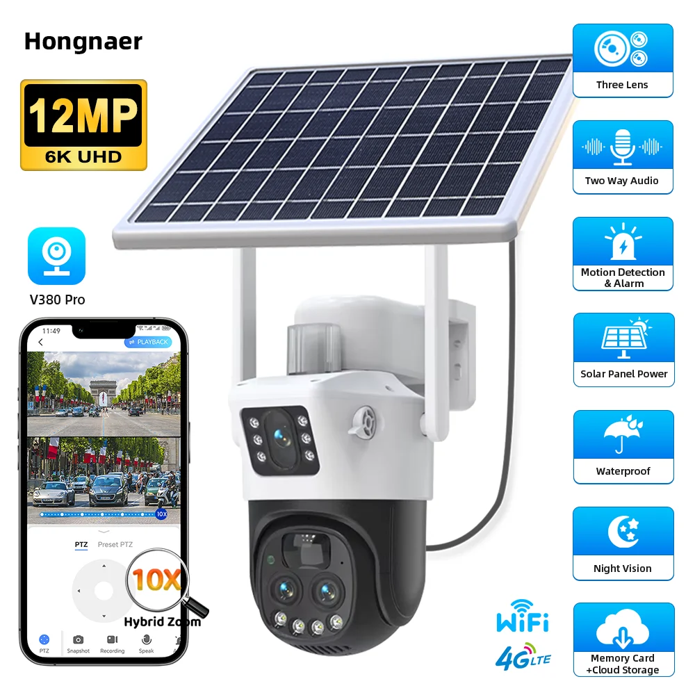 

Hongnaer 12MP 6K V380 Pro 10-кратный зум 3 объектива 4G Беспроводная панель солнечной энергии Водонепроницаемая уличная Wi-Fi охранная солнечная камера видеонаблюдения