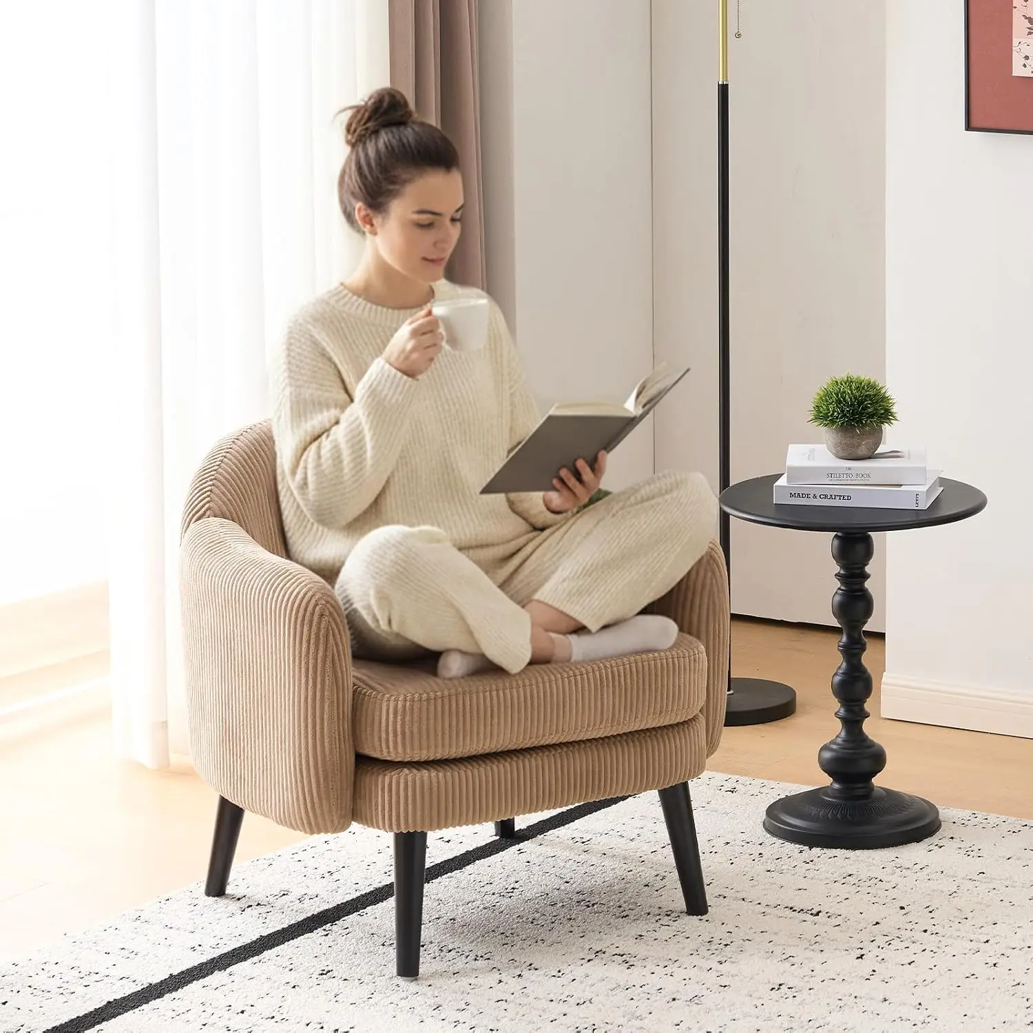 Barrel Armchair with Track Armrest & Wood Legs, Upholstered Club Chair for Living Room & Bedroom, Corduroy, Customized