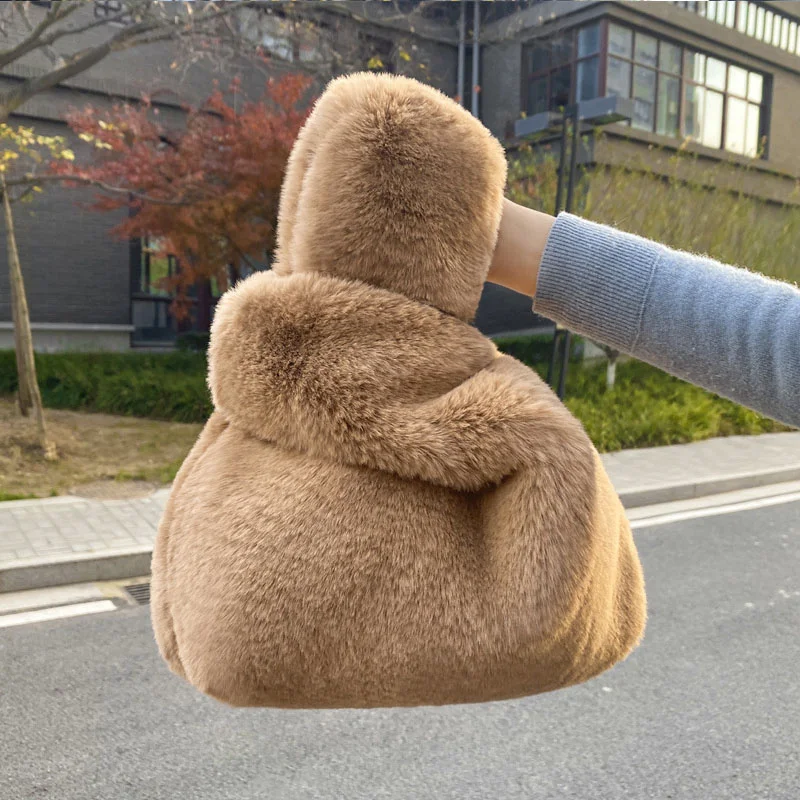 2024 New Winter Solid Color Underarm Bag Soft Plush Small Shoulder Bag Women\'s Warm Fluffy Imitation Mink Fur Handbag