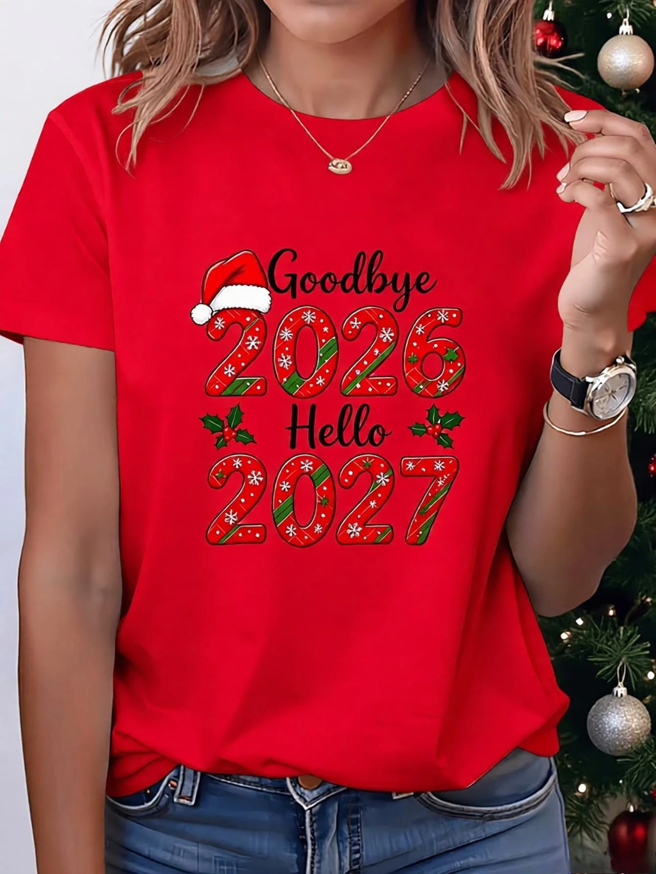 Goodbye 2026 Hello 2027 Christmas Holly New Year Print Short Sleeve T-shirt Women's Casual Funny Aesthetics Y2k Graphic Clothes