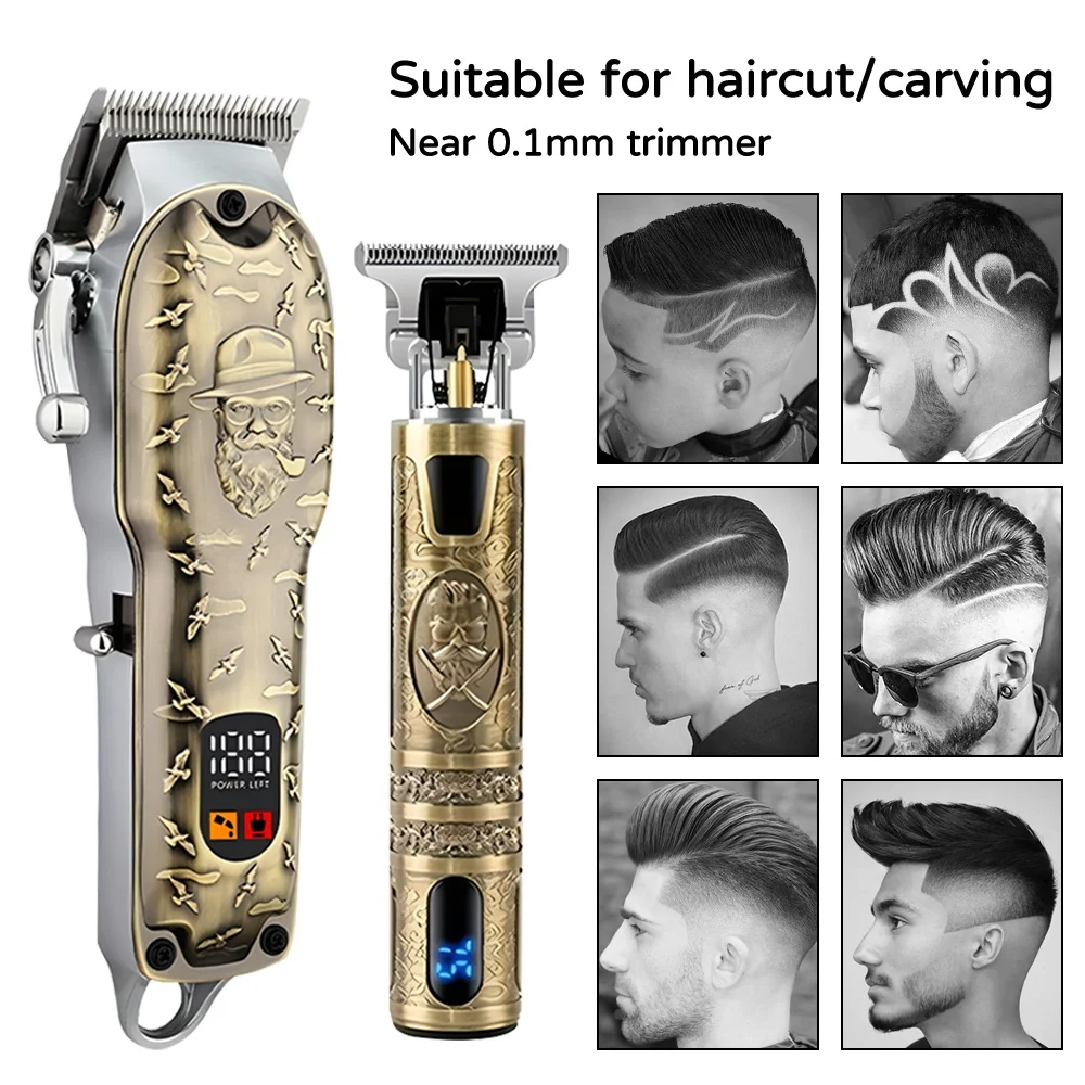 Cortador de cabelo elétrico para homens, todo metal, máquina profissional de corte do cabelo, carregamento USB, uso sem fio, alta potência, aparador elétrico, conjunto de 2 peças