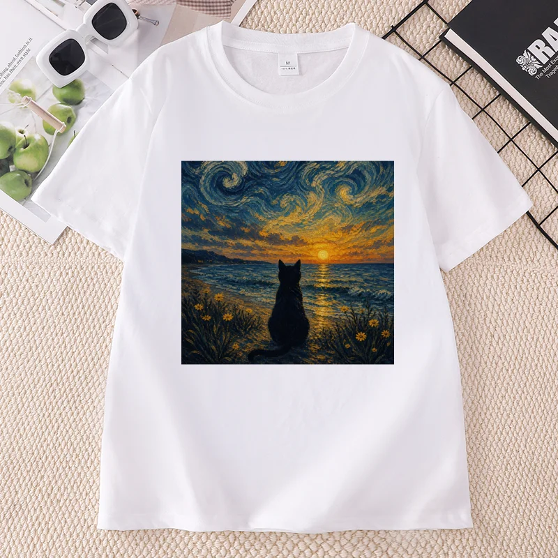 Summer Black Cat Graphic T Shirts Retro Ocean Sunset Cat Tee Van Gogh Cat Lovers T-shirt  Women Causal Crewneck Tshirts