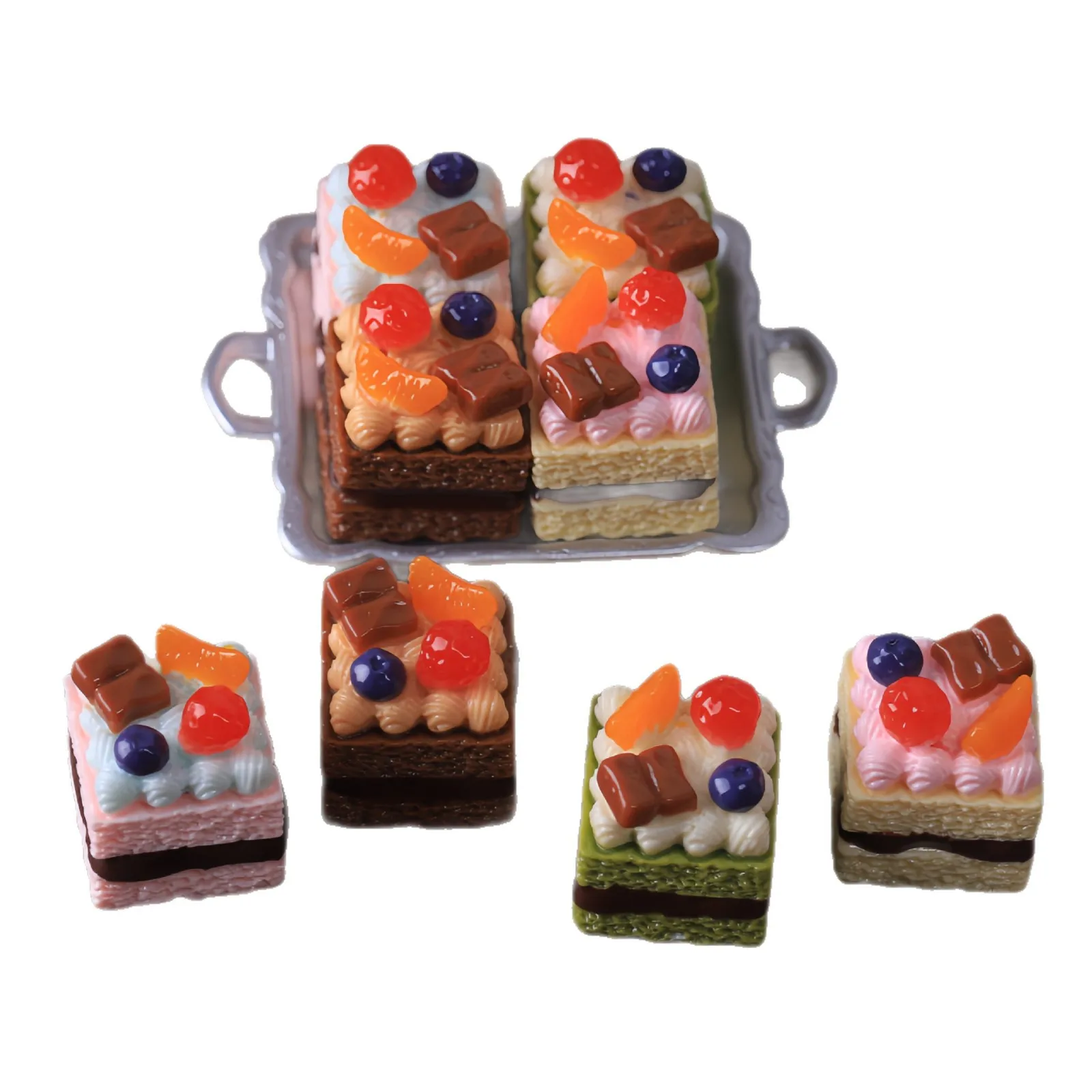 1set Mini Cake Mousse Fruit Birthday Cake Plate Spoon Model Resin DIY Miniature Food Doll Accessories Dollhouse Craft Decoration