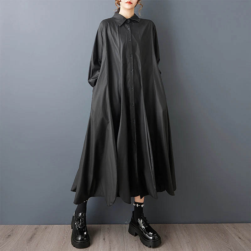 Loose Casual Midi Dr Spring New Sle k Design Sense Asymmetrical Pure Color Slimming Over-Knee Women's Cotton Dr