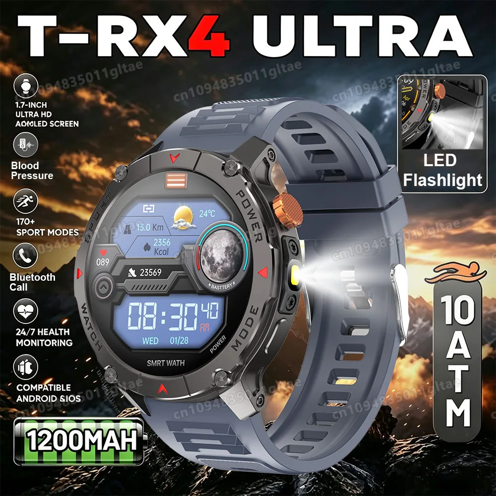 T-RX4 Outdoor Smartwatch GPS-Tracking 1200mAh EKG Gesundheitsüberwachung LED-Taschenlampe Sport 10ATM Wasserdichte Smartwatch für Männer HT30