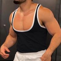 Summer Men Sport Vest Patchwork Color Deep U-Shaped Sleeveless Tank Tops Collar Wide Straps  Loose Fit Casual Versatile Men Vest