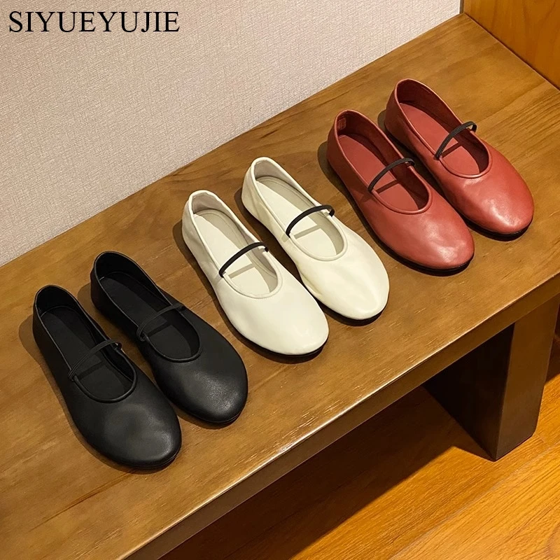 New Stylish Red Shallow Mouth Ballet Shoes Flat Black White Soft Leather Round Toe Slip on Simple Style Ballerina Cute Mules