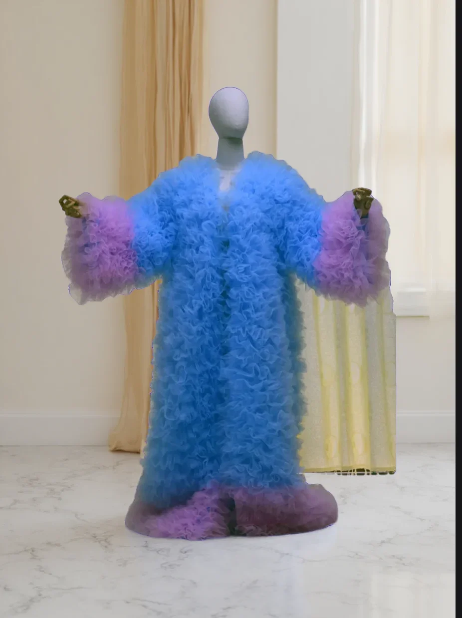 

Extra Puffy Tulle Coat Custom Colors Long Jacket Tulle Ruffles Coat Cape Maternity Robe Photo shoot Dress Long Train drag queen