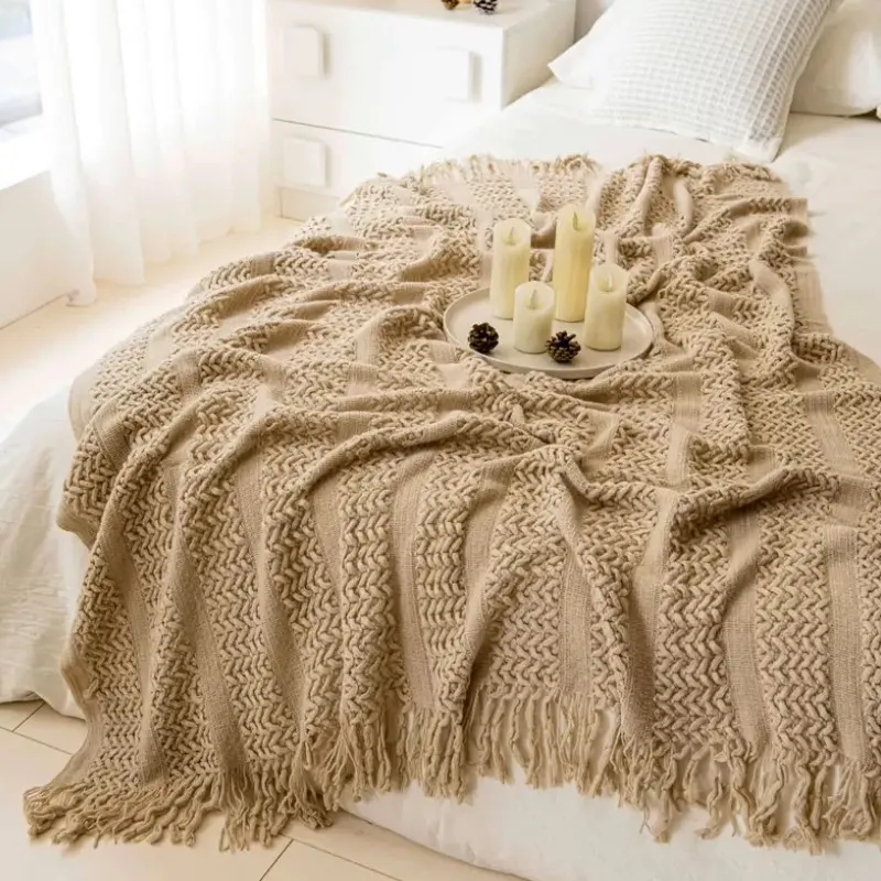 Nordic Crocheted Khaki Blanket with Tassels Travel Sofa Bed Throw Air Conditioner Hollow Plaid Blanket for Drop Shipping view 4