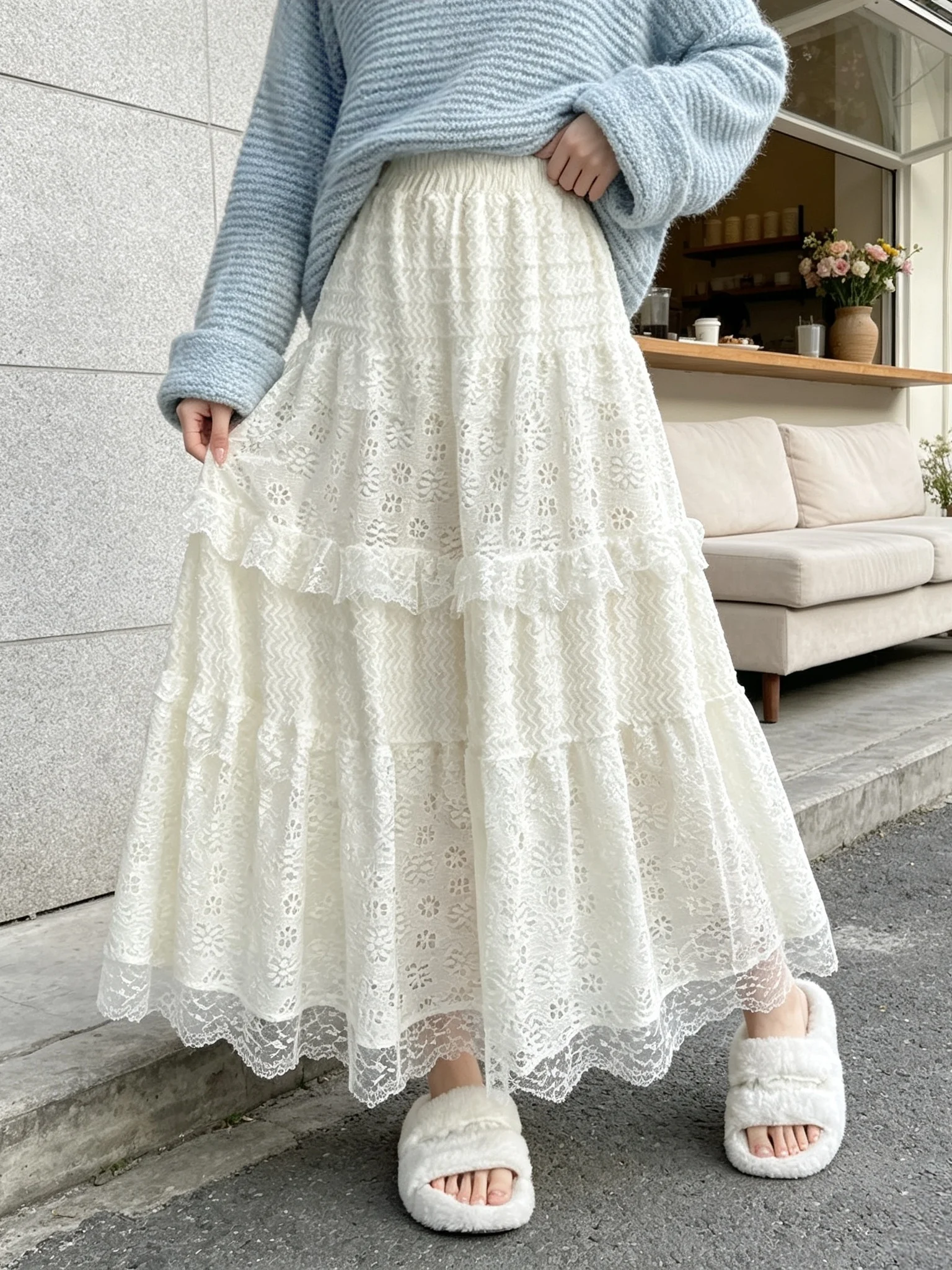 Elegant White Lace A-Line  Skirt for Women Gentle Fairy Tale Style Cake Skirt High Waist Polyester Fiber Standard Fit