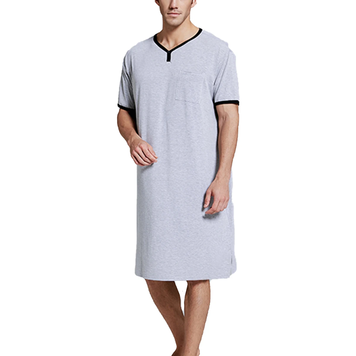 Men V-Neck Linen Robe Roll Up Short Sleeve Solid Long Night Gown Casual Loose Shirt Kaftan Thobe with Pocket