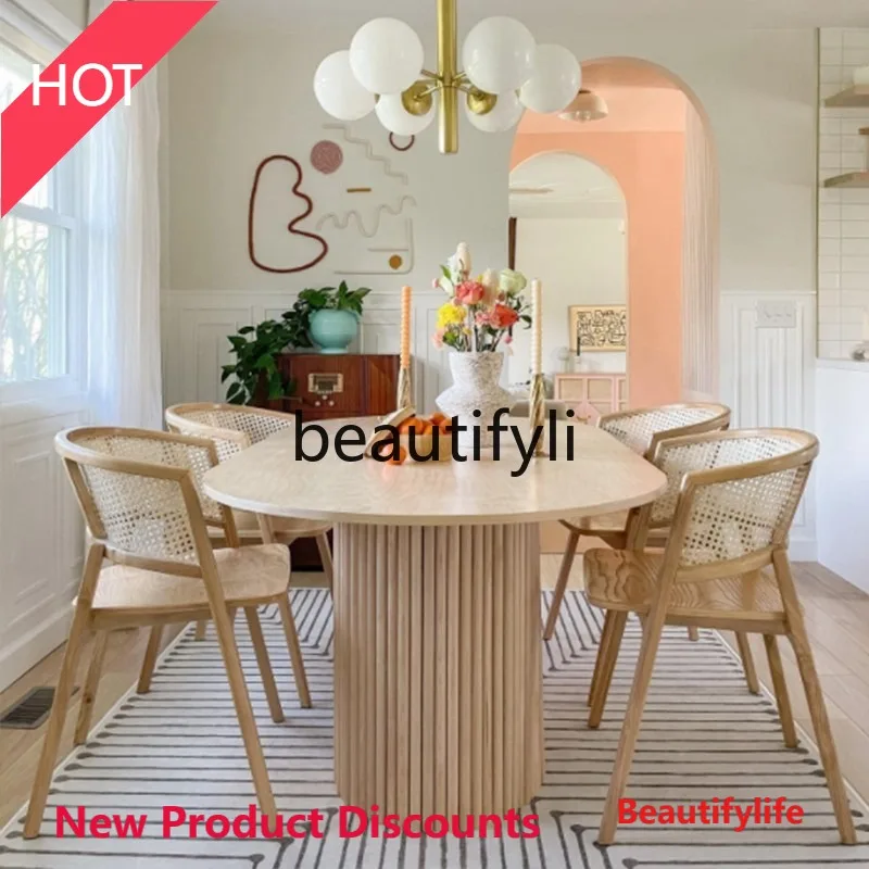 DD45 Natural Marble Dining Table Medieval Style Travertine Dining Table Stone Oval Dining Table