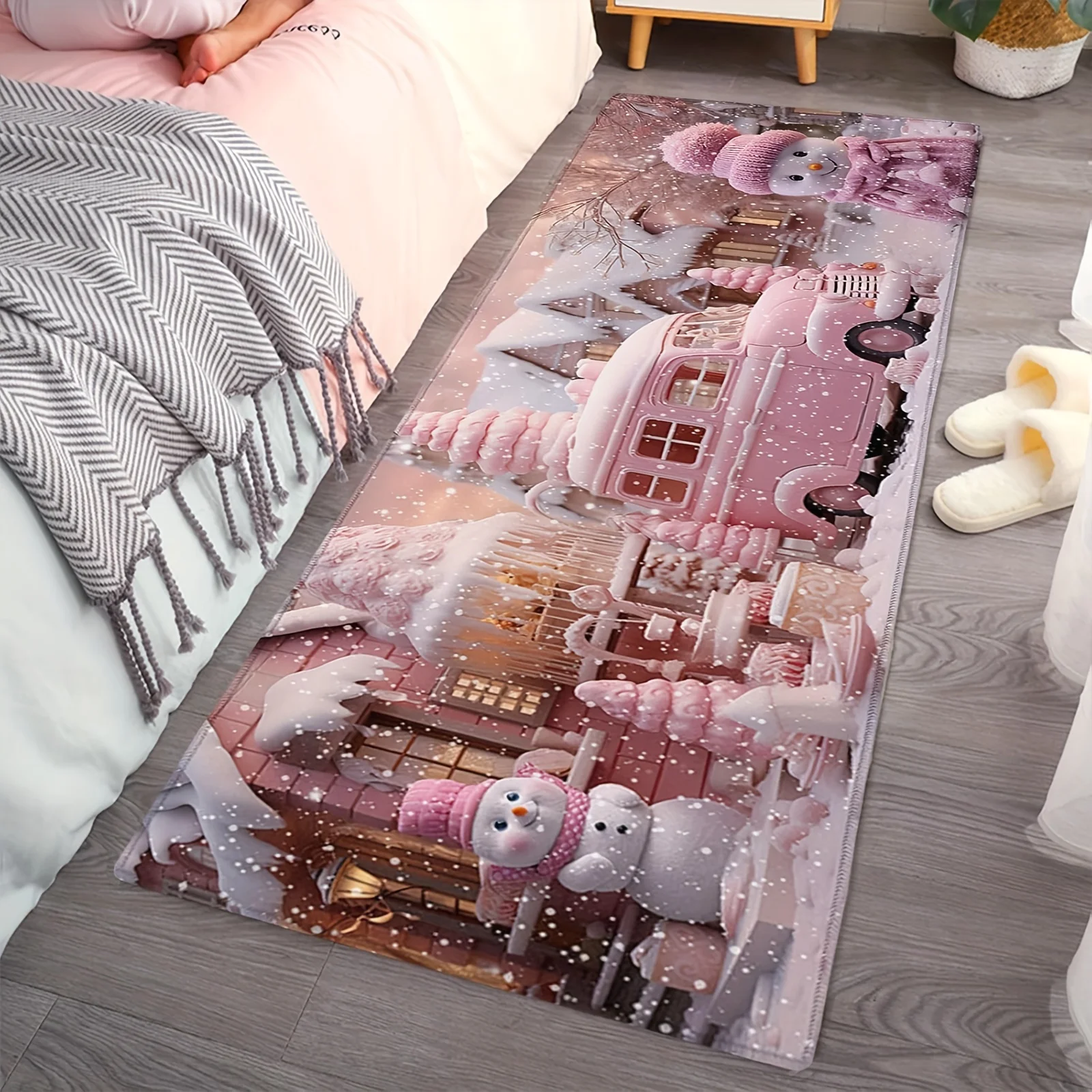 Christmas Pink Snowman Snowflake Kitchen Floor Mat Decor Carpet for Living Room Bathroom Non-slip Floor Mat Christmas Decoration