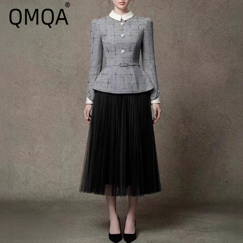 

QMQA Fashion Women's Elegant Two-Piece Set Lapel Long Sleeve Plaid Slim Gray Top High Waist Mesh Skirts Sets 2025 Autumn QM792