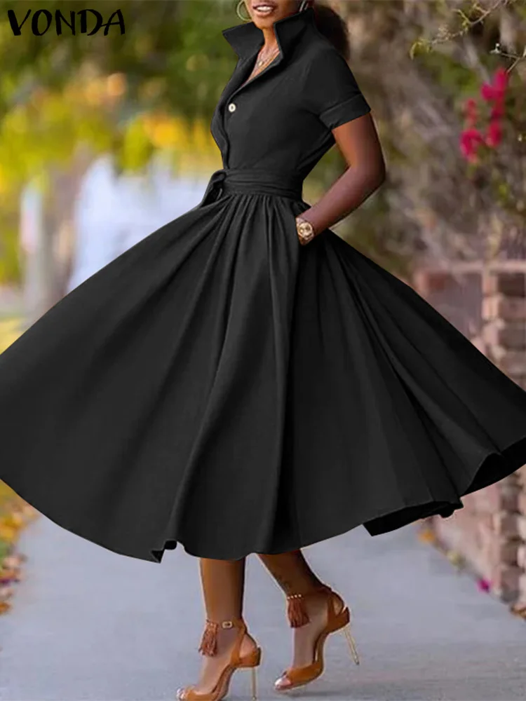 

VONDA OL Lady Mid-Calf Dress 2024 Autumn Women Elegant Office Dress Belt Turn-down Collar Sundress Fashion Vestidos Femme Robe