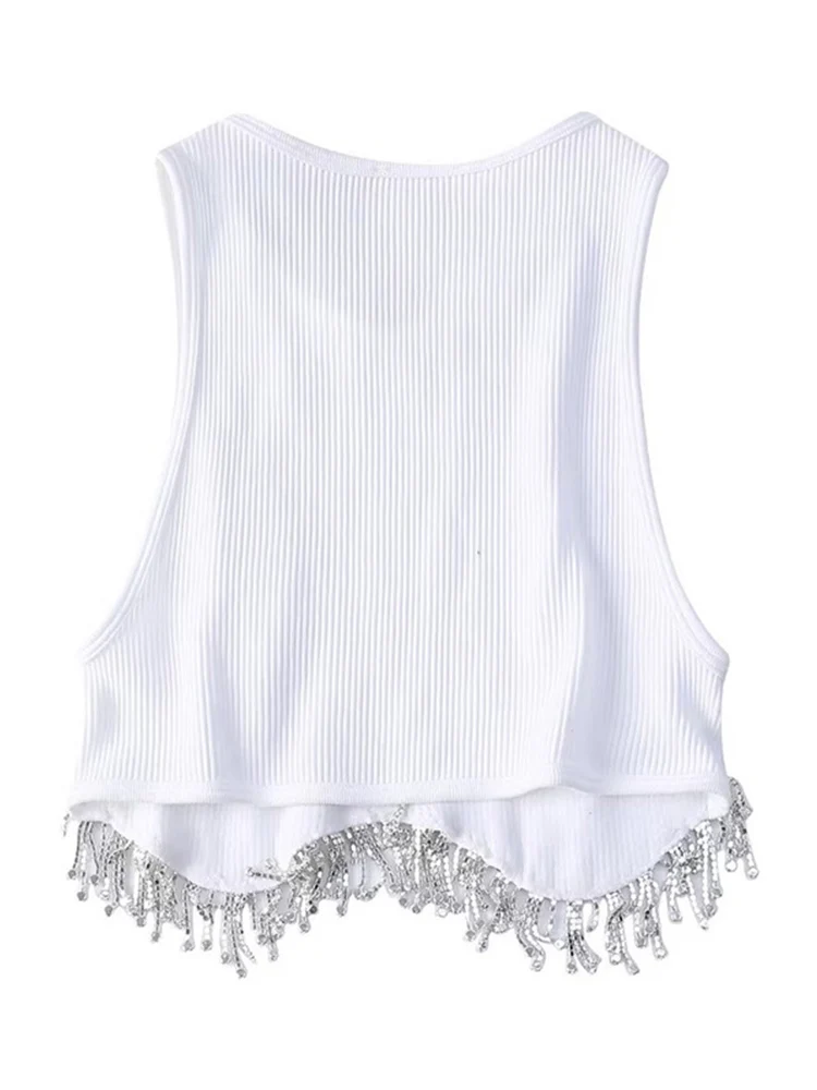 High Street Sexy Hem Tassel Diamond Beading Ogo T Shirt, Chic Short Camis, Precious Lady Slim Crop, Glay
