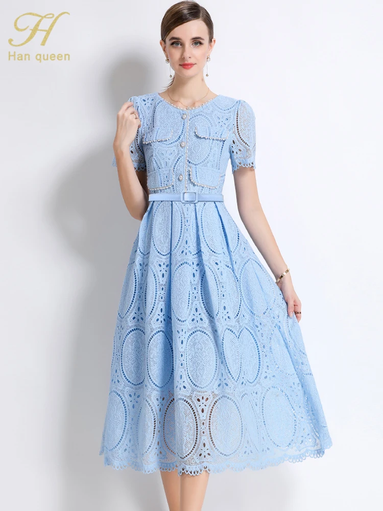 

H Han Queen Elegant Fashion Hollow Out Beaded Runway Lace Dress With Belt Women's O-Neck Short Sleeve Summer Prom Party Dresses