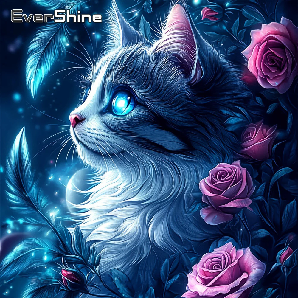 EverShine Diamant-Gemälde, Katzenbild aus Strass, Stickerei, Tier, voller quadratischer Drillinge, Mosaik, Rose, Kreuzstich, Kinderhobby