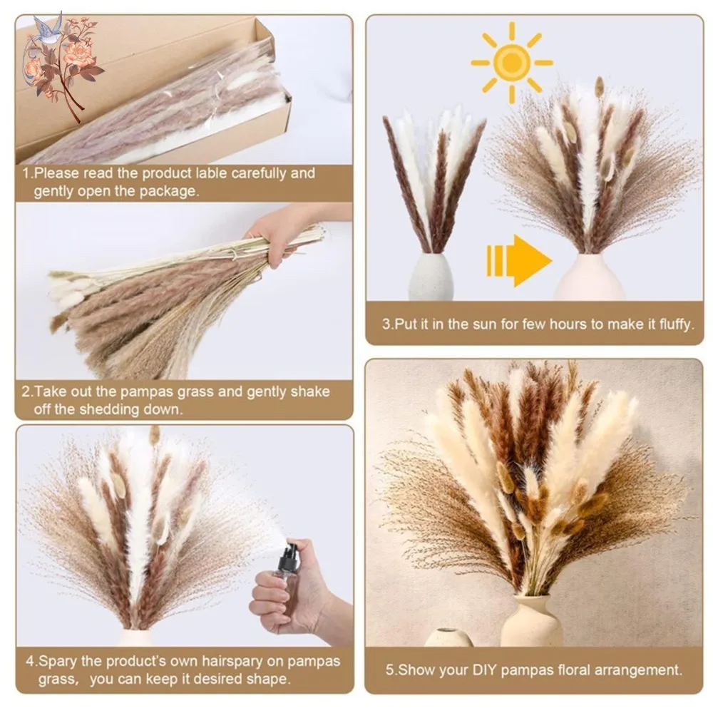 Natural Dried Flower Pampas Grass Bouquet Bunny Tail Grass Boho Home Table Wedding Party Vase Decor Farmhouse Interior Ornament