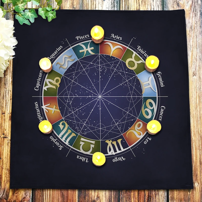 

Zodiac Wheel With Signs Tarot Tablecloth Constellations Velvet Divination Altar Cloth Board Fortune Astrology Oracle Card Pads