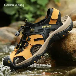 Golden Sapling-Sandalias de cuero genuino para hombre, zapatos transpirables para exteriores, calzado de playa de verano, zapatos de ocio, planos de montaña Retro