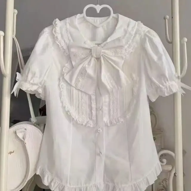 

Cute Women's Blouse Puff Sleeve Peter Pan Collar Summer Shirts Crop Tops 2025 Camisas De Mujer Sweet Bow Blouses Lolita Style