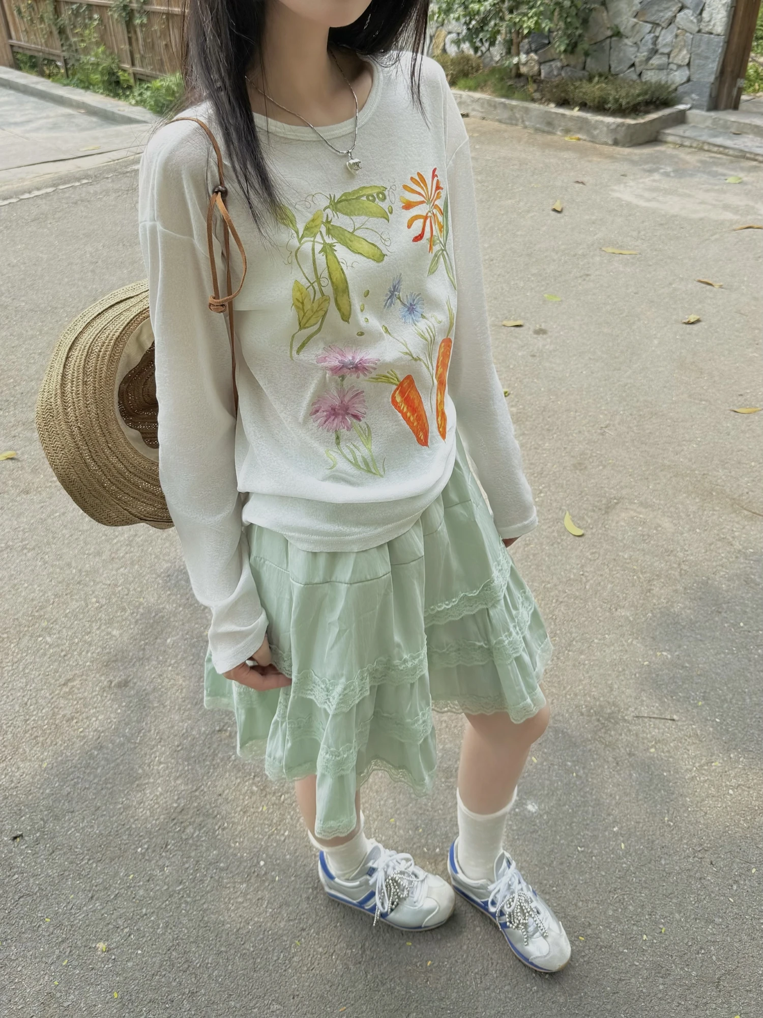 

Sweet Style round Neck Printed Long Sleeve Thin T-Shirt Women's Summer Lace Trim Skirt Two Piece Set Cotton Loose Fit