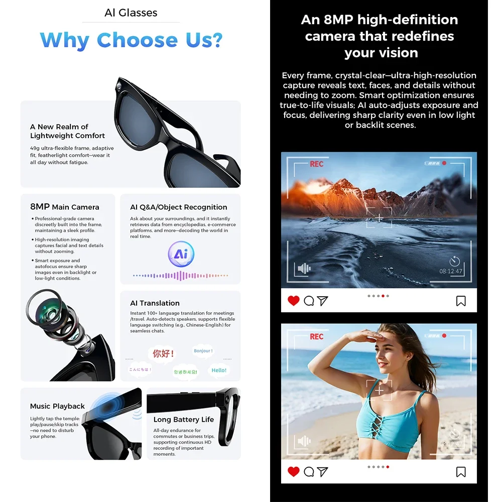 2025 جديد AI ترجمة النظارات الذكية الأشعة فوق البنفسجية العدسات الواقية بلوتوث دعوة صوت مساعد HD كاميرا فيديو الموسيقى النظارات الذكية #3
