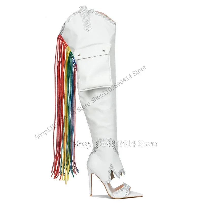 

Rainbow Tassels Decor White Pockets Design Sandals Boots Side Zipper Women Shoes Thin High Heels Sexy 2023 Zapatos Para Mujere