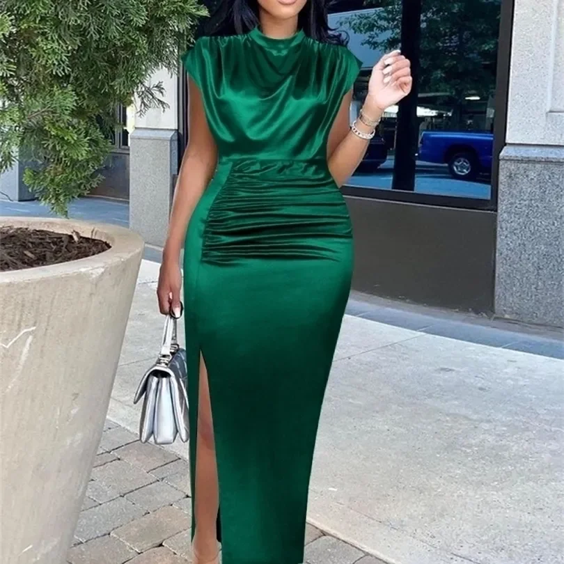 Satin Shiny Long Dress Pleated Green Elegant Slit High Collar Slim Fit Sleeveless Robes Female Gowns Party