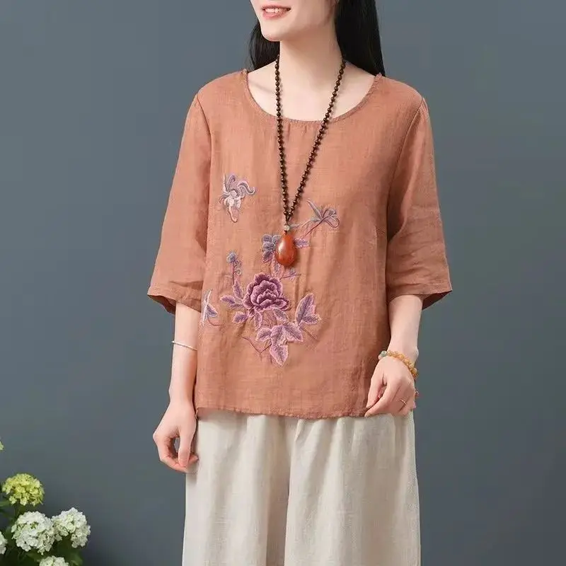 Vintage Chinese Style Elegant Summer New Women\'s O-Neck Cotton Hemp Embroid Fashion Ethnic Style Versatile 3/4 Sleeve Loose Tops