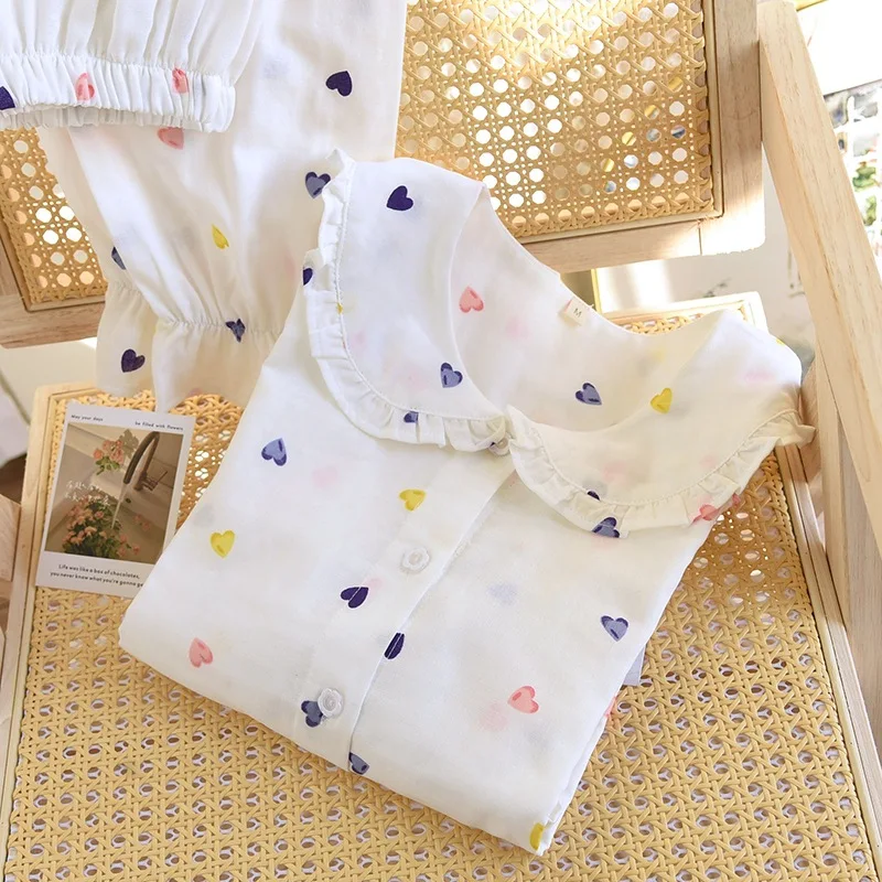 Pijamas de algodón de doble hilo para mujer, pantalones de manga larga con cuello de muñeca Simple, ropa para el hogar, ropa fina y holgada para el hogar, primavera y otoño