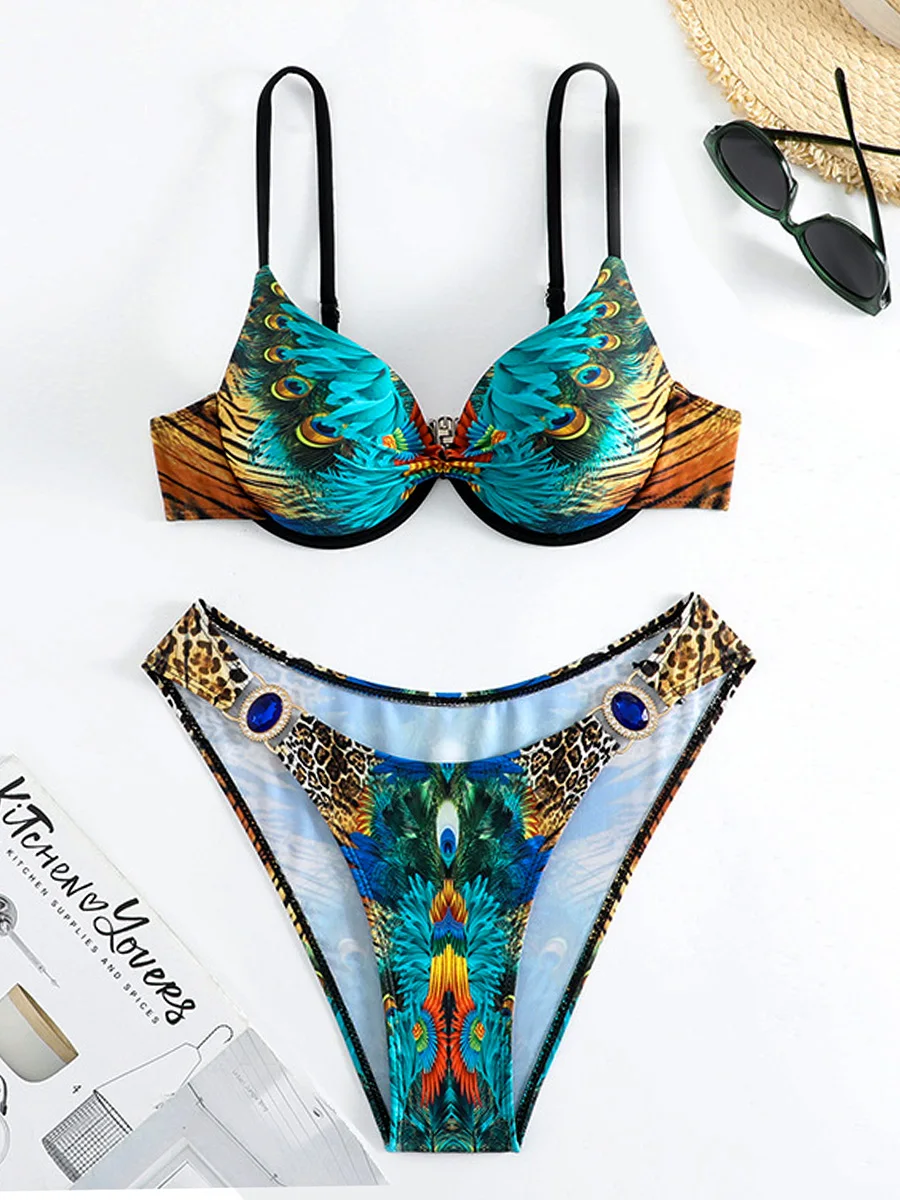 

Бюстгальтер на косточках с леопардовым принтом павлина, бикини, женский купальник, женский купальник, комплект бикини из двух частей, купальный костюм с эффектом пуш-ап, купальный костюм