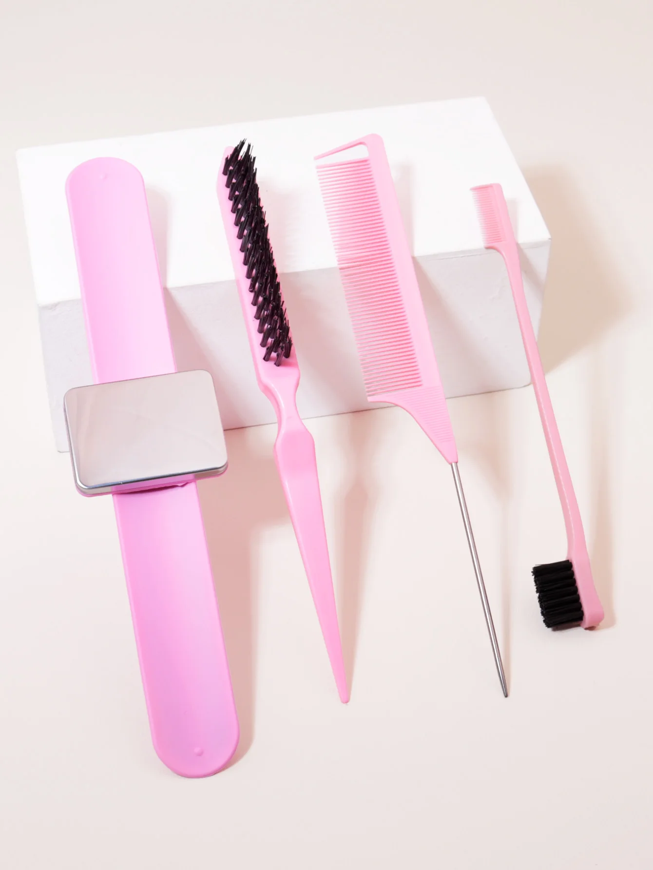 Comb styling set, including nylon hair brush, steel needle pointed tail comb, edge control brush comb, and magnetic wristband