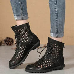 Delle donne Del Cuoio Genuino Scava Fuori I Sandali Delle Signore Morbida Stivali di Pelle di Mucca Scarpe Lace_up Design 2020 di Estate Femminile Retro Piatto Sandalo