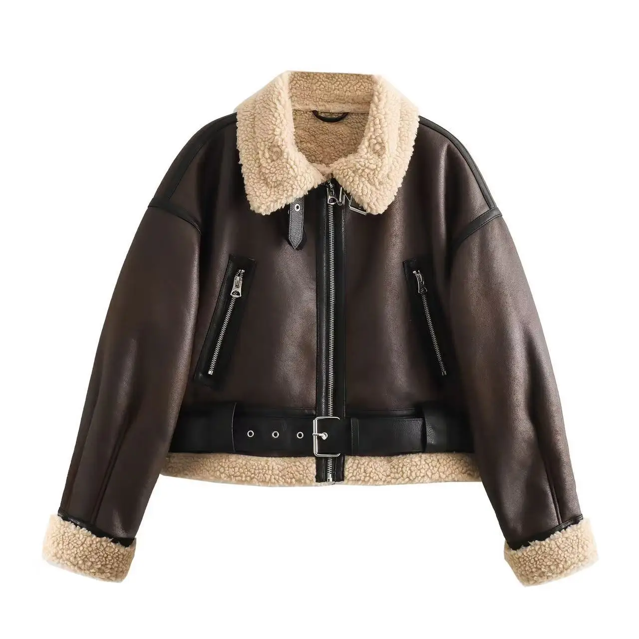 Jackets Women Pu Faux Leather Short Coats Autumn Winter Thicken Warm Turn Down Collar Zipper Outerwear Moto Biker Streetwear 3