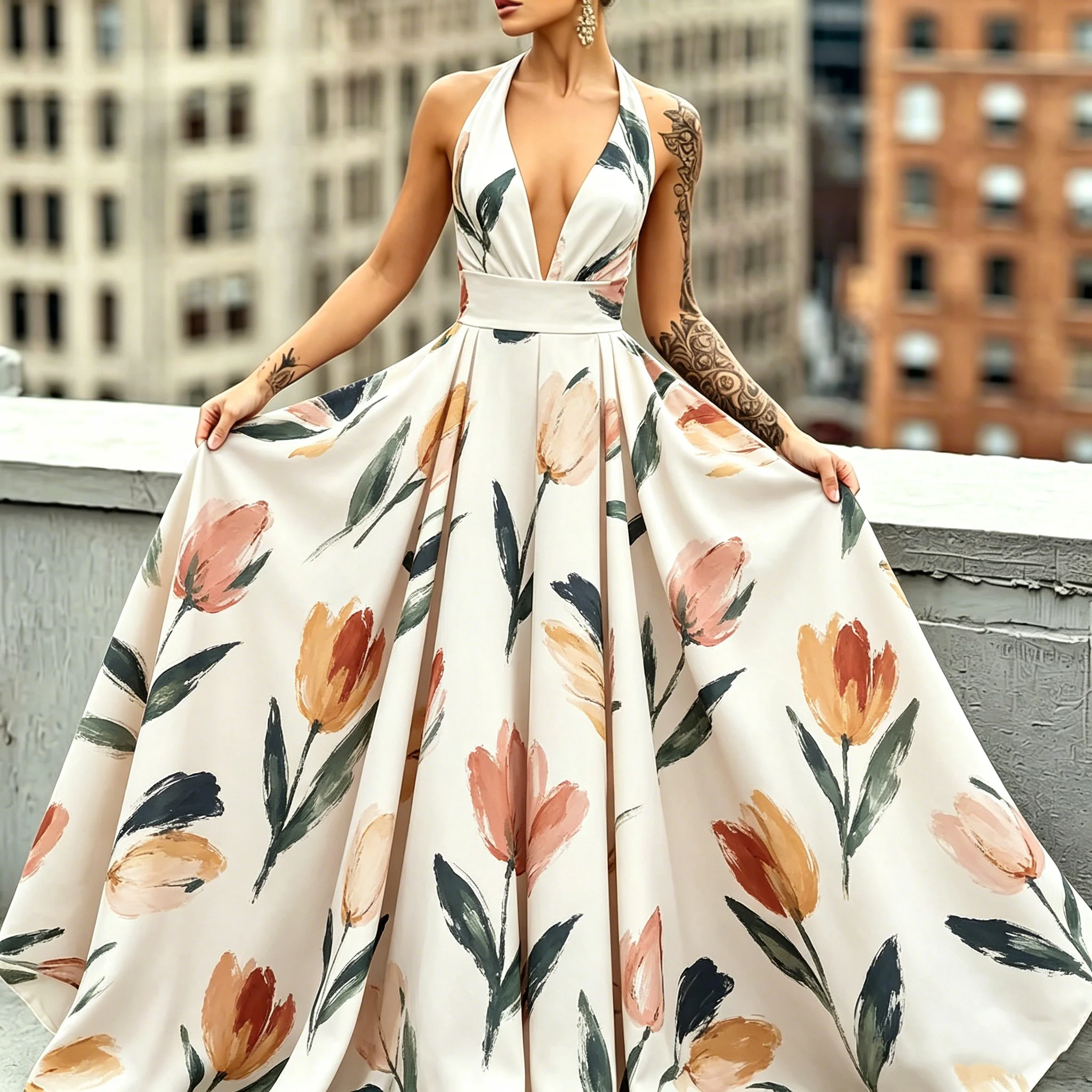 

Women's Summer Watercolor Print Maxi Dress Halter Deep V Sleeveless A Line Dress For Women Fashion Vacation Casual Party Outfits